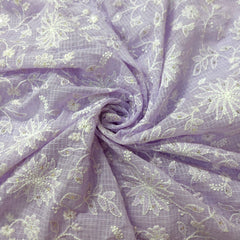 Floral Embroidered Lilace Kota Doria Fabric with Sequin Highlights