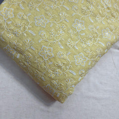Floral Embroidered Butter Yellow Kota Doria Fabric with Sequin Highlights