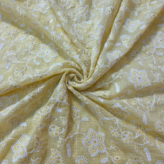 Floral Embroidered Butter Yellow Kota Doria Fabric with Sequin Highlights