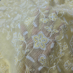 Floral Embroidered Butter Yellow Kota Doria Fabric with Sequin Highlights