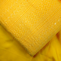Yasna Embroidered bright Yellow Hakoba Georgette Fabric with Sequins and Threadwork