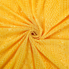 Yasna Embroidered bright Yellow Hakoba Georgette Fabric with Sequins and Threadwork