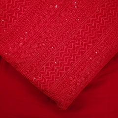 Yasna Embroidered Bright Red Hakoba Georgette Fabric with Sequins and Threadwork