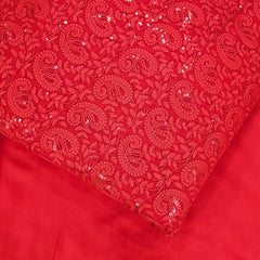 Embroidered Scarlete Red Hakoba Georgette Fabric with Sequins Threadwork