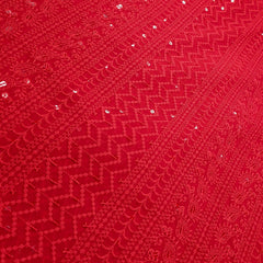 Yasna Embroidered Bright Red Hakoba Georgette Fabric with Sequins and Threadwork