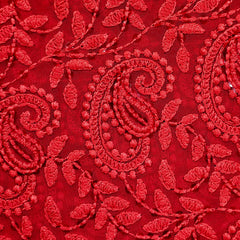 Embroidered Scarlete Red Hakoba Georgette Fabric with Sequins Threadwork