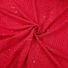 Yasna Embroidered Bright Red Hakoba Georgette Fabric with Sequins and Threadwork