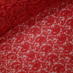 Embroidered Scarlete Red Hakoba Georgette Fabric with Sequins Threadwork