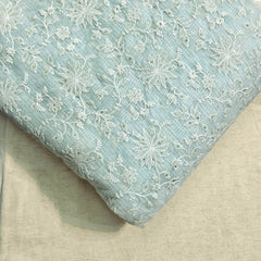 Floral Embroidered Light Powder Blue Kota Doria Fabric with Sequin Highlights