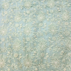 Floral Embroidered Light Powder Blue Kota Doria Fabric with Sequin Highlights