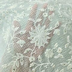 Floral Embroidered Light Powder Blue Kota Doria Fabric with Sequin Highlights