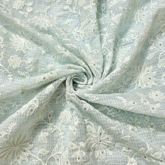 Floral Embroidered Light Powder Blue Kota Doria Fabric with Sequin Highlights