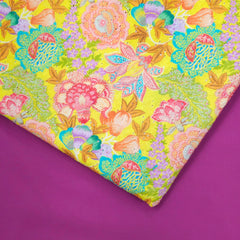 Soft Bright Yellow Digital Floral Print on Hakoba Cotton Fabric