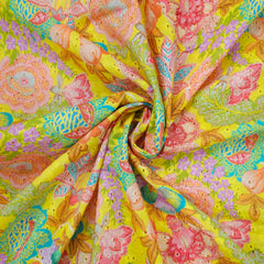 Soft Bright Yellow Digital Floral Print on Hakoba Cotton Fabric