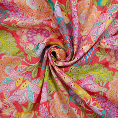 Soft Fiery Rose Pink Digital Floral Print on Hakoba Cotton Fabric