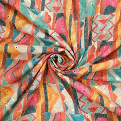 Soft Mutli Color Digital Print on Hakoba Cotton Fabric with Tribal-inspire geometric patterns
