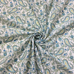 Soft White Digital Print on Hakoba Cotton Fabric with Paisley patterns