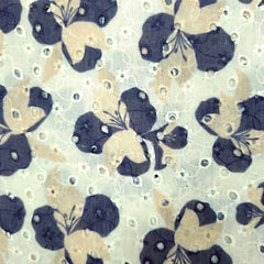 Soft Deep Navy Blue Digital Floral Print on Hakoba Cotton Fabric with Biege Bloom / Petals