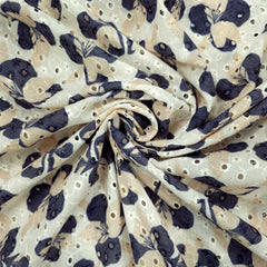 Soft Deep Navy Blue Digital Floral Print on Hakoba Cotton Fabric with Biege Bloom / Petals