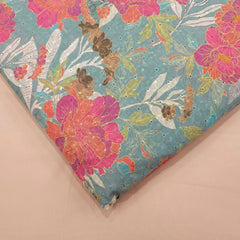Digital Floral Print on Hakoba Cotton Fabric with Soft Light Sea Blue Base