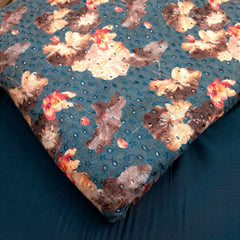 Turquoise blue Color Digital Floral Print on Hakoba Cotton Fabric