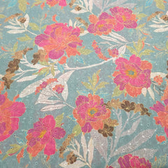 Digital Floral Print on Hakoba Cotton Fabric with Soft Light Sea Blue Base