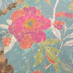 Digital Floral Print on Hakoba Cotton Fabric with Soft Light Sea Blue Base