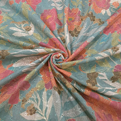 Digital Floral Print on Hakoba Cotton Fabric with Soft Light Sea Blue Base