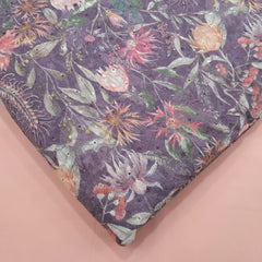 Digital Floral Print on Hakoba Cotton Fabric on Soft Light Dusty Purple Base