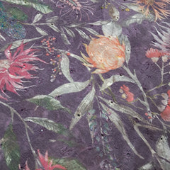 Digital Floral Print on Hakoba Cotton Fabric on Soft Light Dusty Purple Base