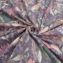 Digital Floral Print on Hakoba Cotton Fabric on Soft Light Dusty Purple Base
