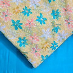 Digital Floral Print on Hakoba Cotton Fabric on Soft Pastel Yellow Base