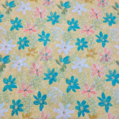 Digital Floral Print on Hakoba Cotton Fabric on Soft Pastel Yellow Base