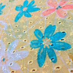 Digital Floral Print on Hakoba Cotton Fabric on Soft Pastel Yellow Base