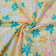 Digital Floral Print on Hakoba Cotton Fabric on Soft Pastel Yellow Base