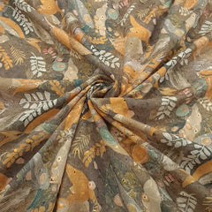Digital Floral Print on Hakoba Cotton Fabric on Brown Base