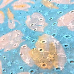 Floral Digital Print Hakoba on Pastel Blue Cotton Fabric