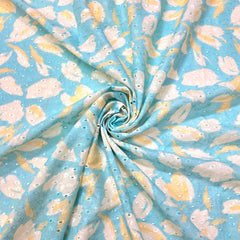 Floral Digital Print Hakoba on Pastel Blue Cotton Fabric