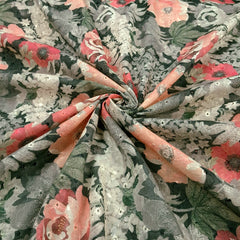 Soft Charcoal Digital Floral Print on Hakoba Cotton Fabric