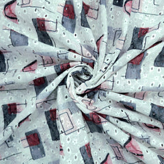 Soft White Digital Print on Hakoba Cotton Fabric with abstract geometric patterns