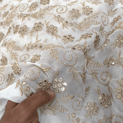 Shisha Dyeable Embroidered Mirror on Upada Silk Fabric with Floral Vine Work