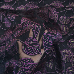 Purple Floral Digital Print on Brasso Fabric with Black Base