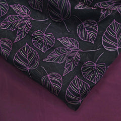Purple Floral Digital Print on Brasso Fabric with Black Base