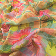 Mridu Digital Floral Print on Modal Satin Fabric with Subtle Checkered Yellow Base