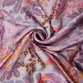 Mridu Digitally Printed Modal Satin Fabric on Lilac / Soft Lavendar Base with delicate floral motifs