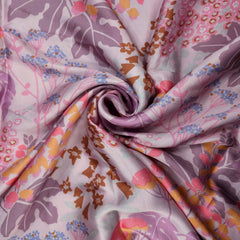 Mridu Digitally Printed Modal Satin Fabric on Lilac / Soft Lavendar Base with delicate floral motifs