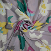 Mridu Digitally Printed Modal Satin Fabric on Light Grey Base with floral patterns