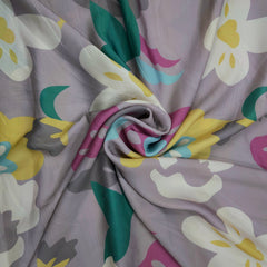 Mridu Digitally Printed Modal Satin Fabric on Light Grey Base with floral patterns