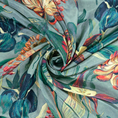 Mridu Digitally Printed Modal Satin Fabric on Dusty Teal Base with deep rich toned floral patterns