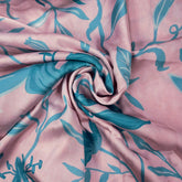 Mridu Digitally Printed Modal Satin Fabric on Soft Mauve Pink Base with blue floral patterns